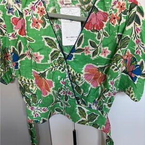 Floral Green Blouse with Pink Accents